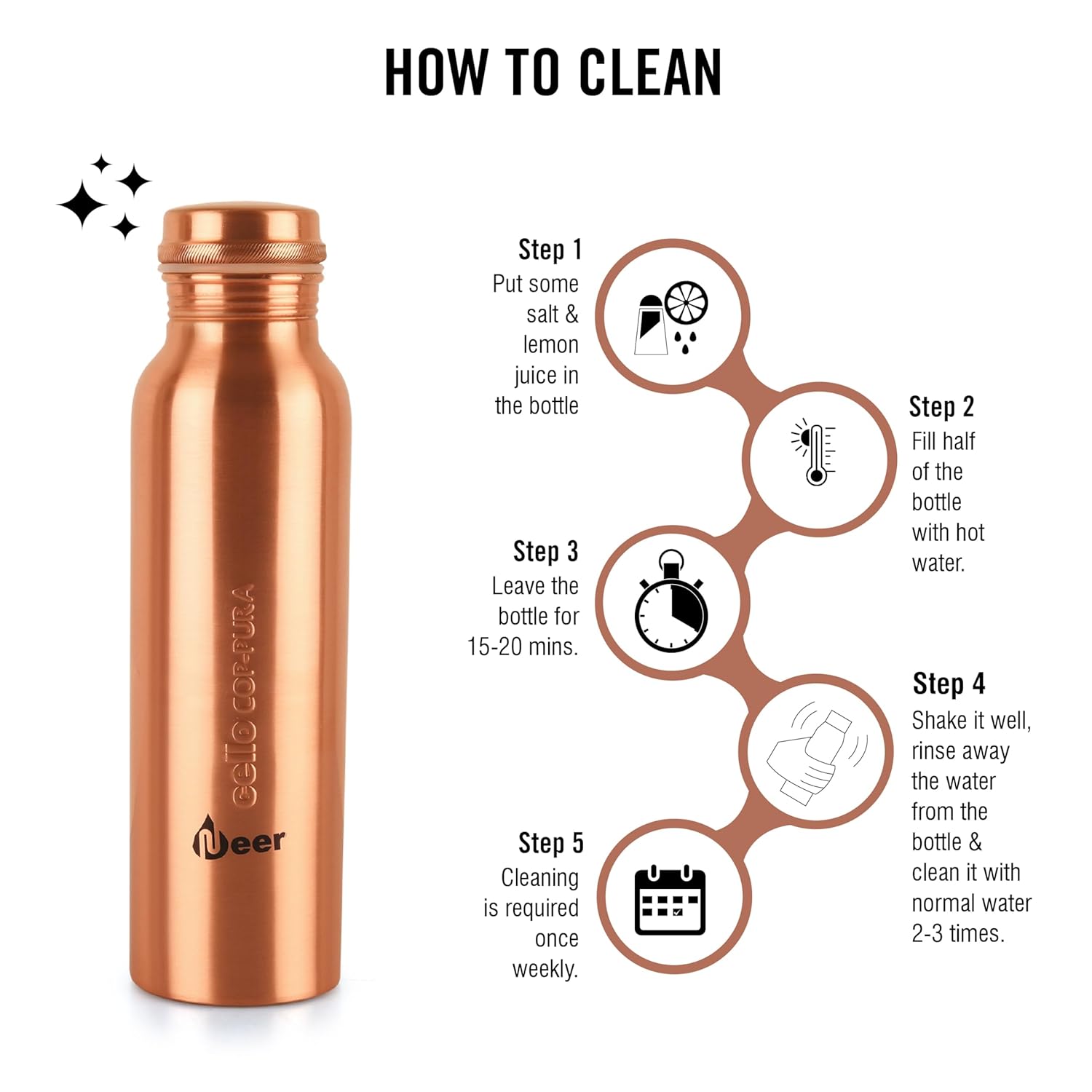 Cello Cop-pura Neer Copper Water Bottle | 1000 Ml | Copper